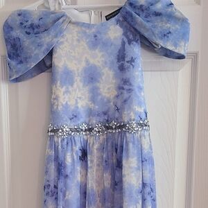 Blue and White Tie-Dye Dress with Embellished Waist